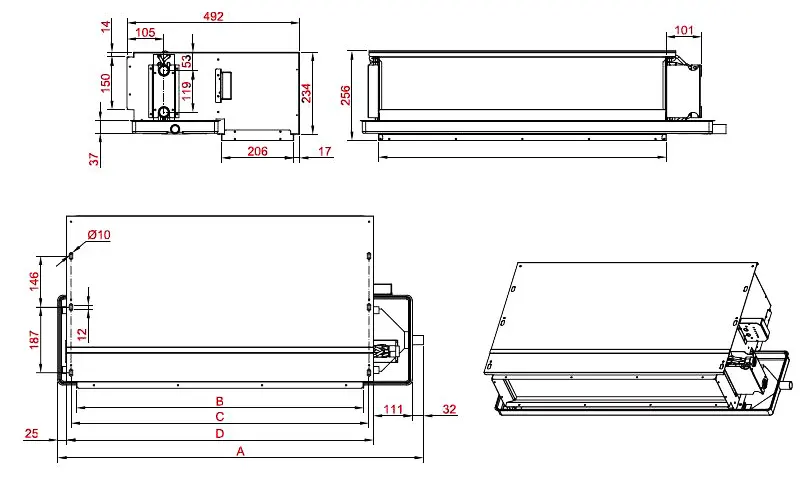 ابعاد فن کویل سقفی توکار جی پلاس مدل GFU-LC600G30